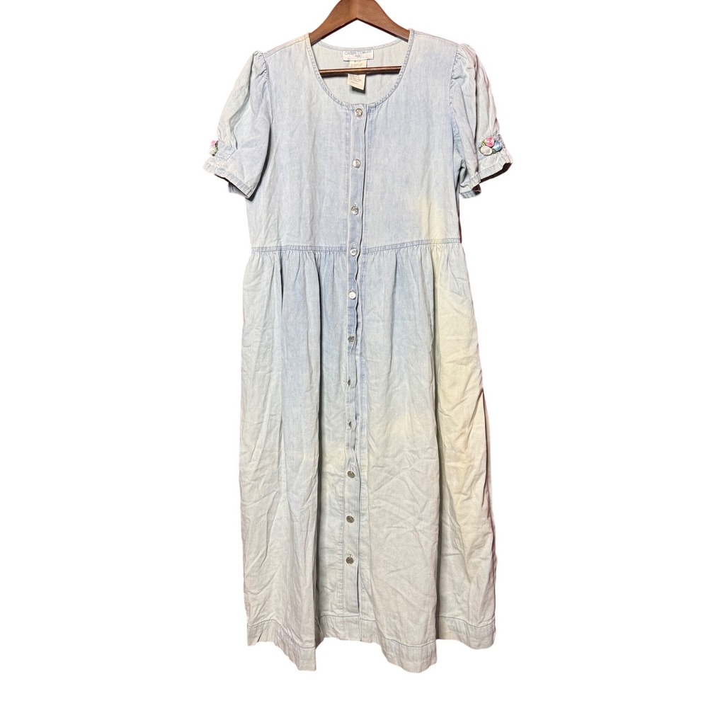 VTG Casual Corner Women 16 90s Denim Maxi Dress Light Wash Floral Embroidery